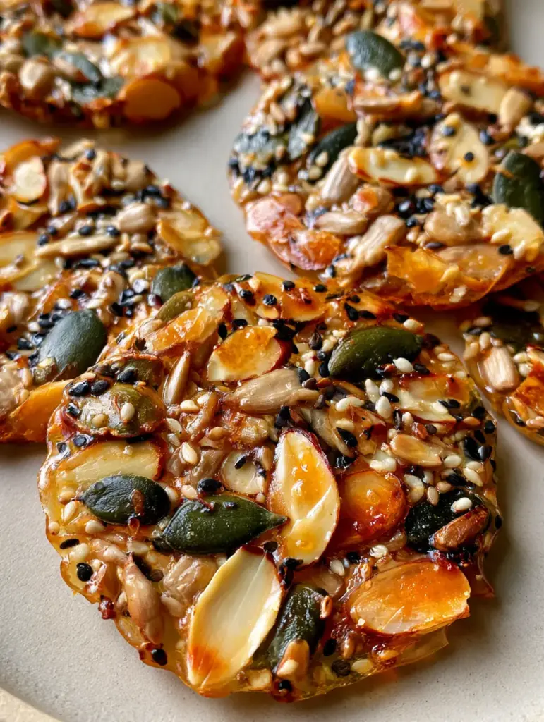 Flourless Nut and Seed Cookies: The Ultimate Thin and Crunchy Snack 1 Handheld smartphone photo of round, thin, crunchy seed cookies held together by a glossy golden binder.