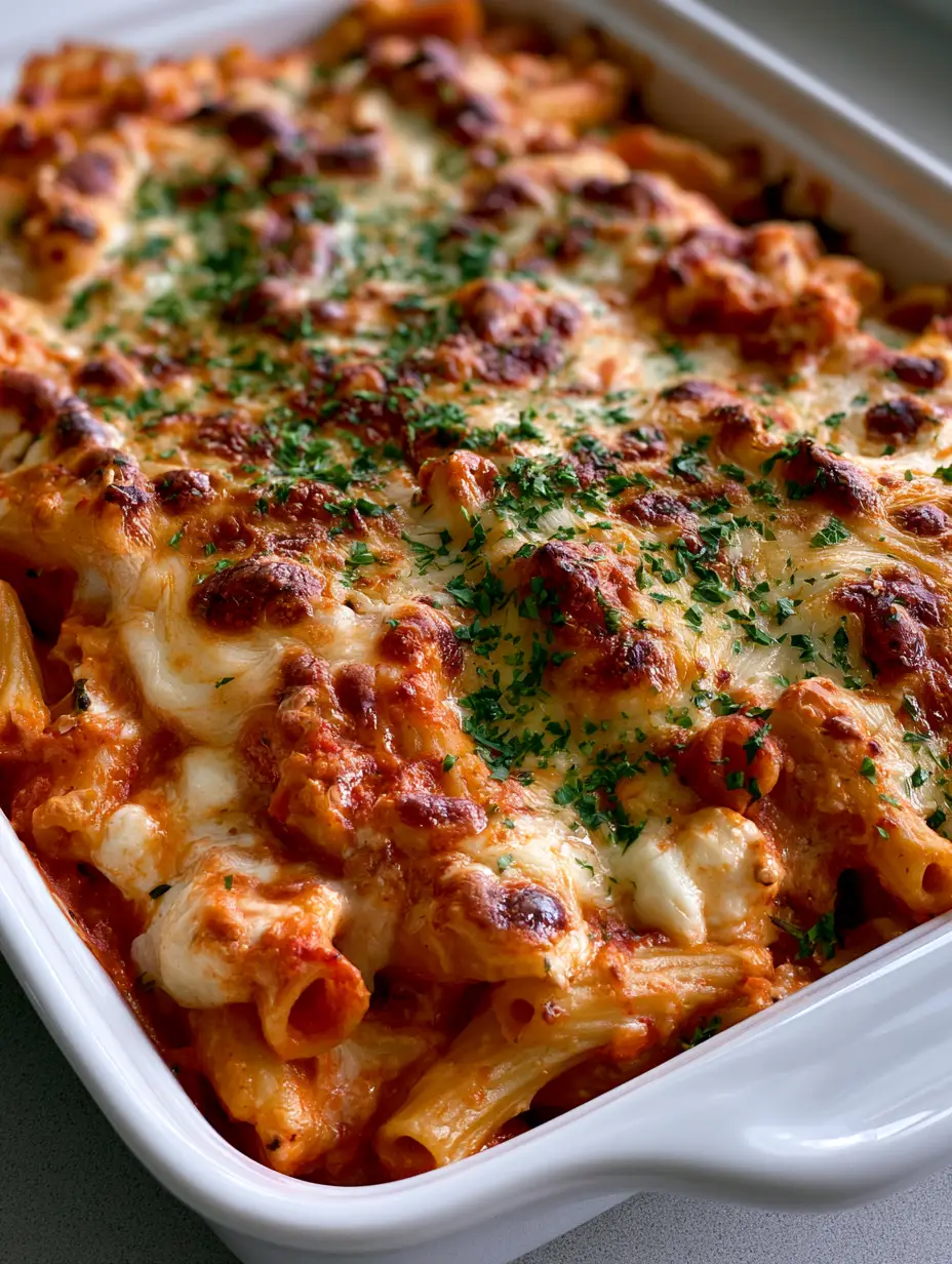 Close-up of High Protein Baked Ziti showing thick red sauce and dollops of creamy cottage cheese in a ceramic dish.