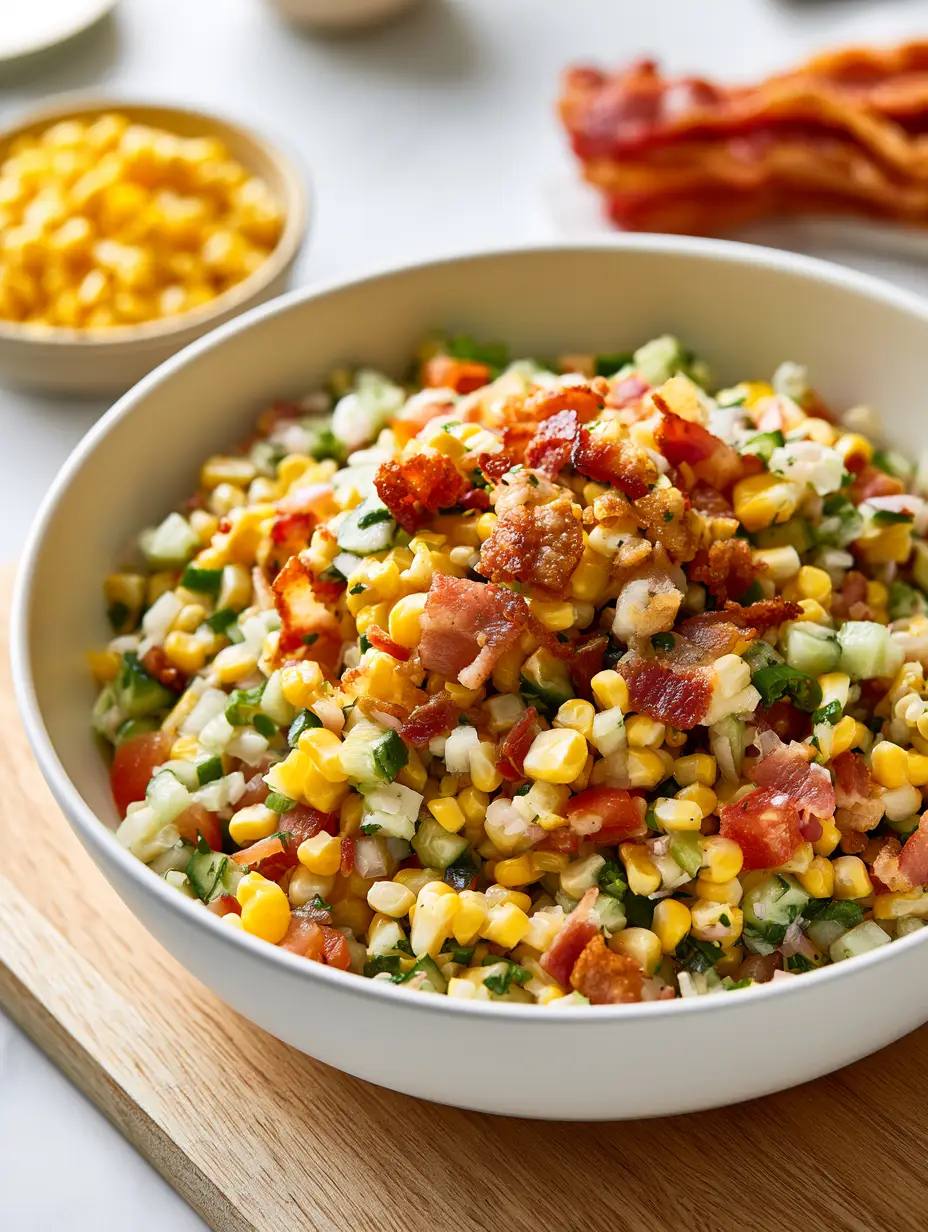 Close-up of crispy honey-smoked bacon and charred sweet corn kernels being tossed in a lime dressing.