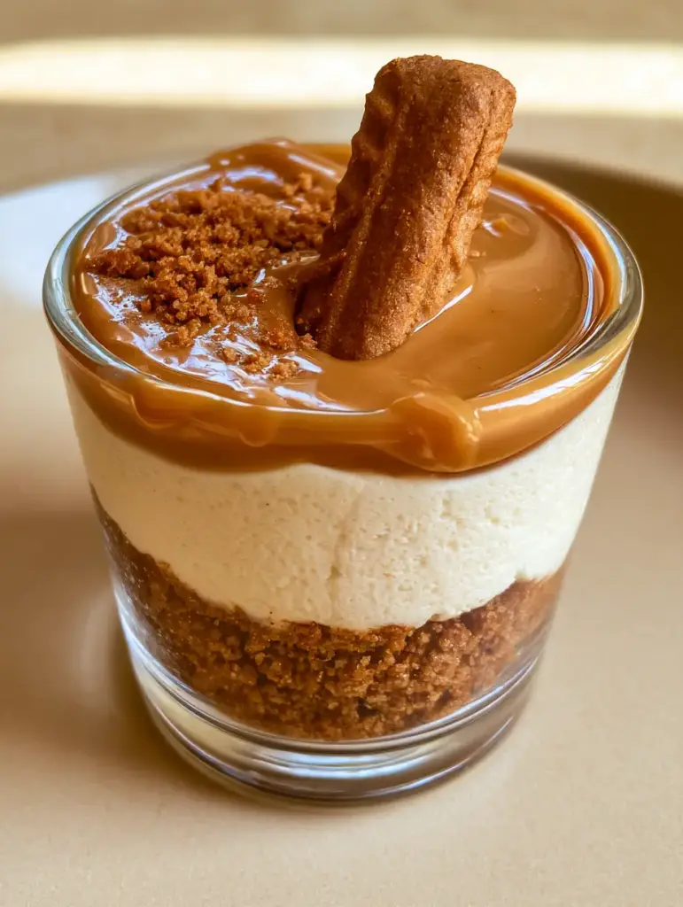 Cookie Butter Cheesecake Cups: The Ultimate No-Bake Biscoff Dessert 1 Close-up of the dense ivory cream cheese filling and Speculoos cookie crumb base of the Cookie Butter Cheesecake Cups.