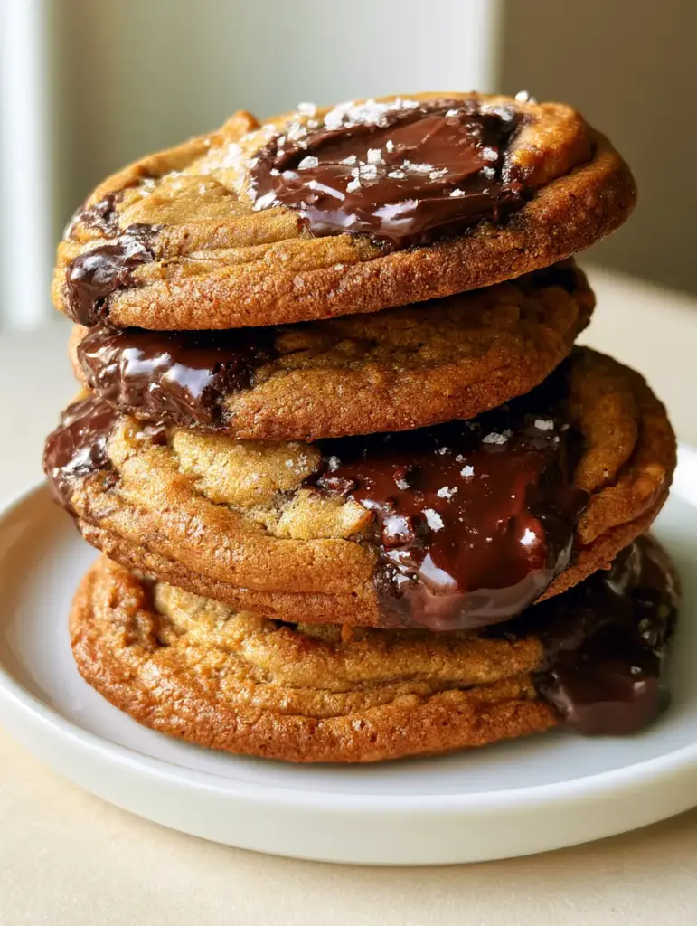 Brown Butter Chocolate Chip Cookies with Molten Dark Chocolate and Sea Salt 1 A stack of three gourmet Brown Butter Chocolate Chip Cookies with toasted rippled edges on a white ceramic plate.