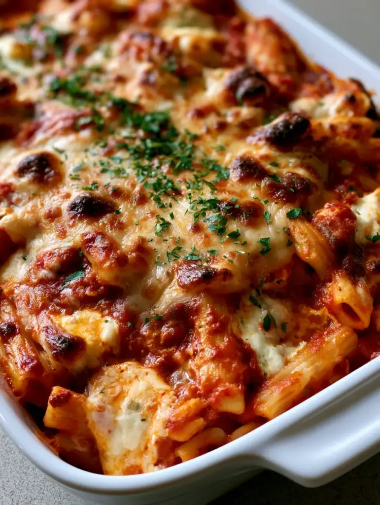 Overhead view of a white rectangular dish filled with High Protein Baked Ziti and bubbly golden mozzarella spots.