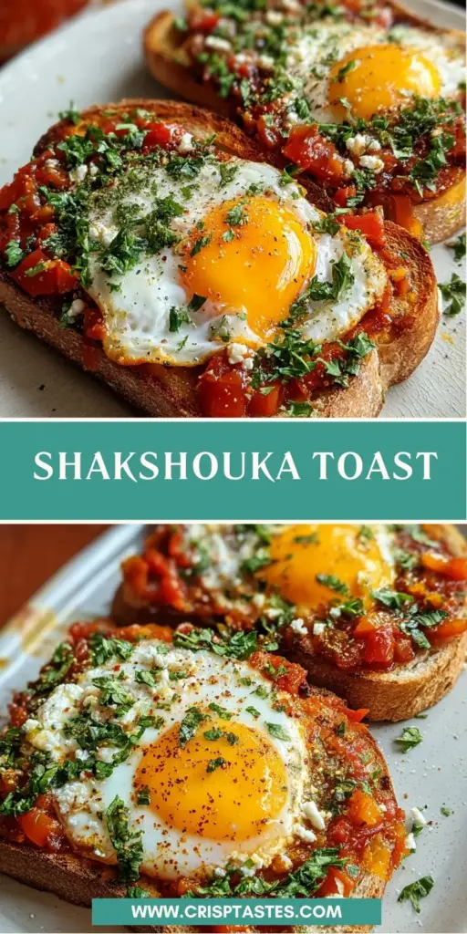 A close-up vertical shot of Shakshouka Toast on thick sourdough bread with a sunny-side-up egg and feta cheese.