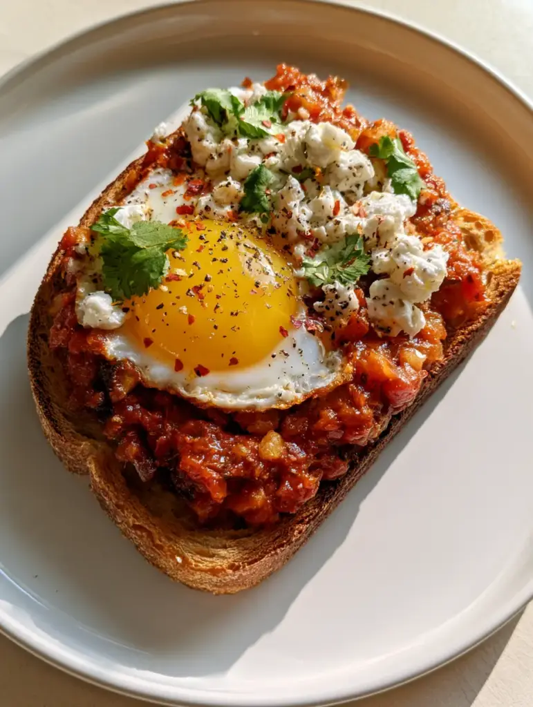 A handheld smartphone photo of Shakshouka Toast featuring a vibrant yellow egg yolk and chunky red tomato sauce.