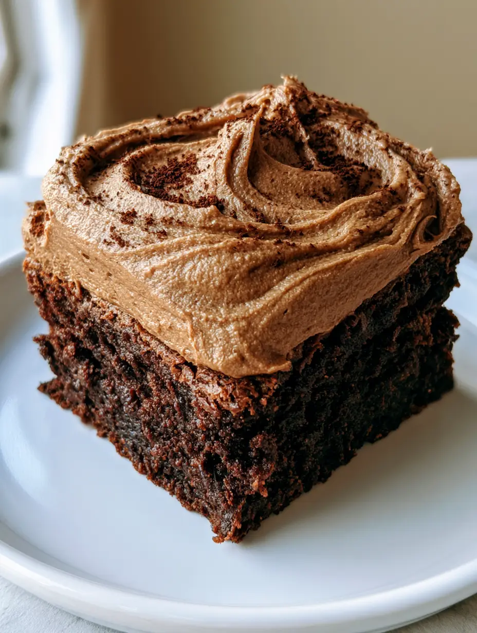 Close up of a single square-cut Coffee Brownie on a white plate showing the dense chocolate layer and matte mocha frosting.
