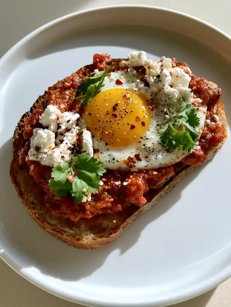 Detail shot of Shakshouka Toast showing the texture of the thick sourdough and white feta crumbles.