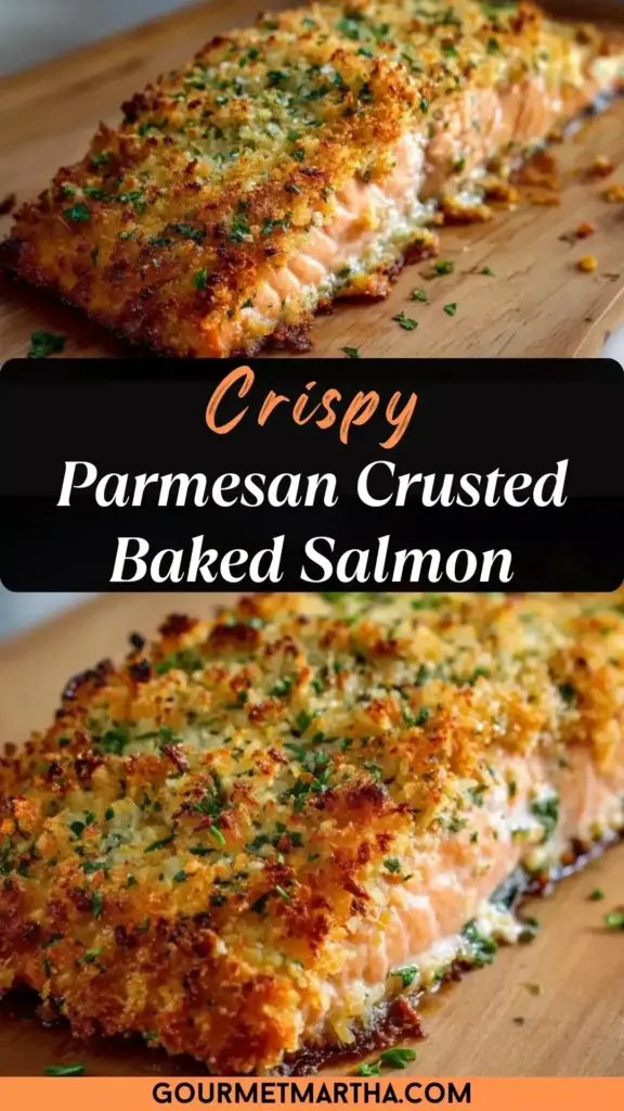 A close-up vertical shot of Parmesan Crusted Salmon with a crunchy golden topping and roasted asparagus. (Parmesan Crusted Salmon)