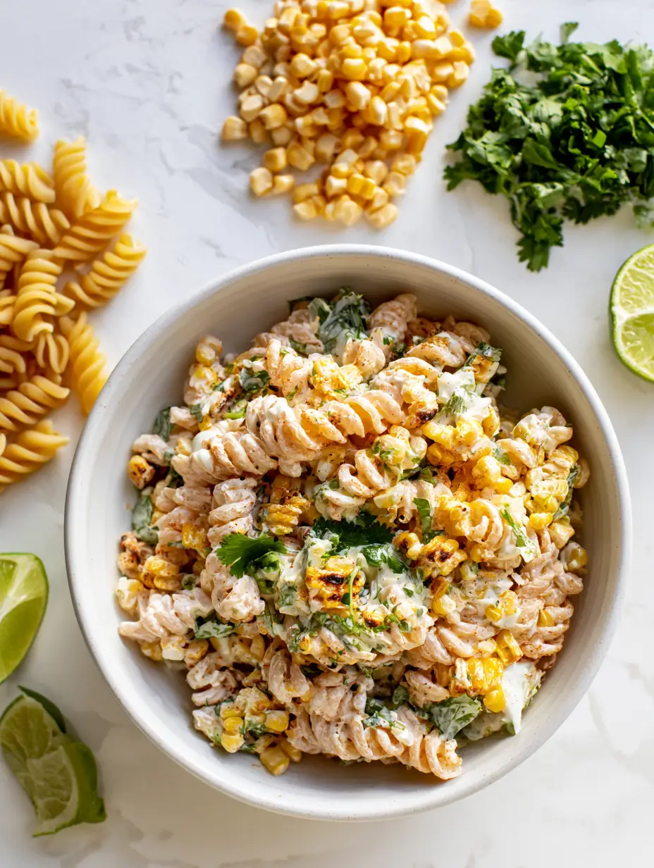 Overhead view of vibrant elote pasta salad featuring rotini pasta spirals, charred corn, and a dusting of red chili powder.