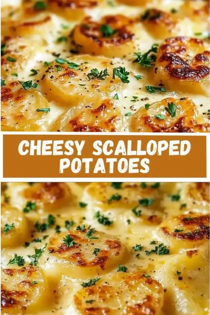 Cheesy Scalloped Potatoes: The Ultimate Creamy Comfort Food Guide 3 A overhead shot of Cheesy Scalloped Potatoes in a white rectangular dish showing bubbly golden-brown cheese and green parsley garnish.