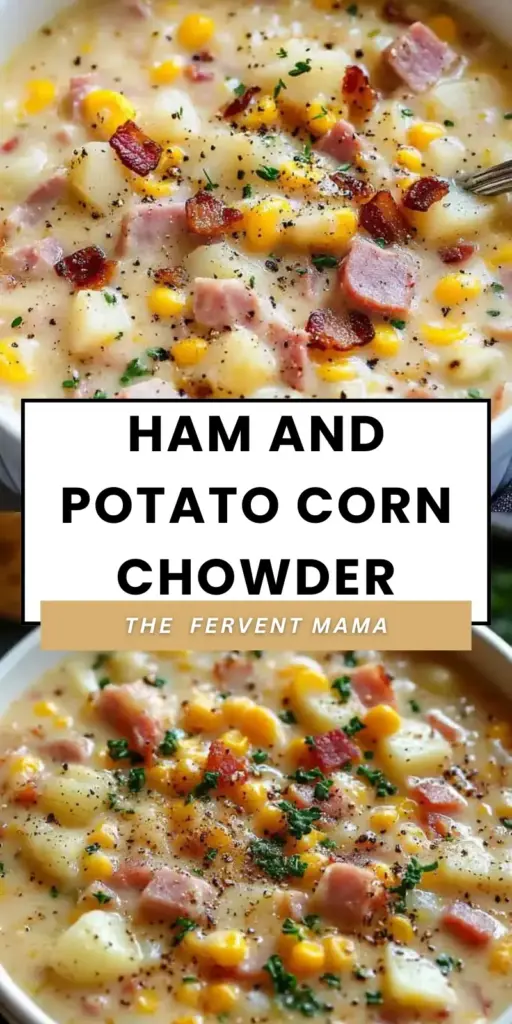 A tall Pinterest pin showing a close-up of Ham and Potato Corn Chowder in a white bowl with scallions and black pepper.