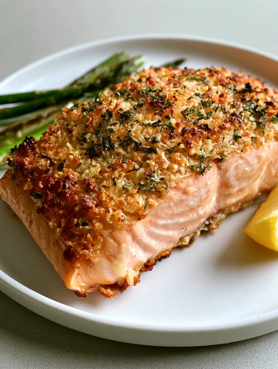 A thick succulent salmon fillet topped with toasted parmesan and breadcrumbs next to asparagus. (Parmesan Crusted Salmon)