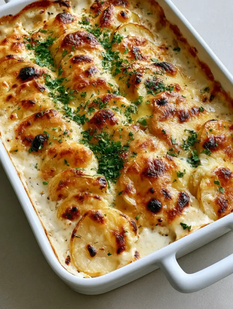 Cheesy Scalloped Potatoes: The Ultimate Creamy Comfort Food Guide 2 Close up of Cheesy Scalloped Potatoes in shingled rows submerged in creamy white bechamel sauce.