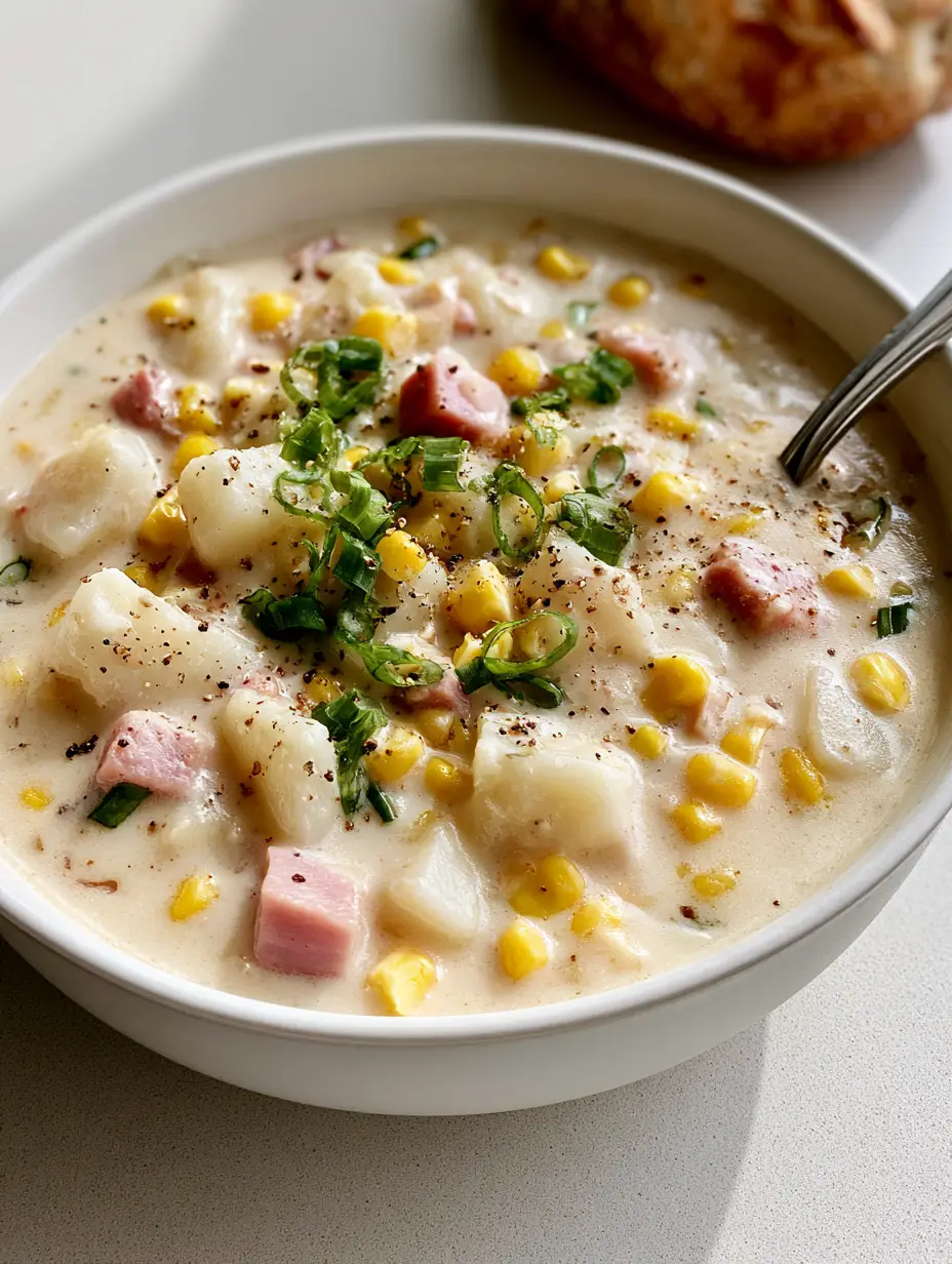 A handheld smartphone photo of a white ceramic bowl filled with thick, creamy ham and potato corn chowder with a silver spoon.