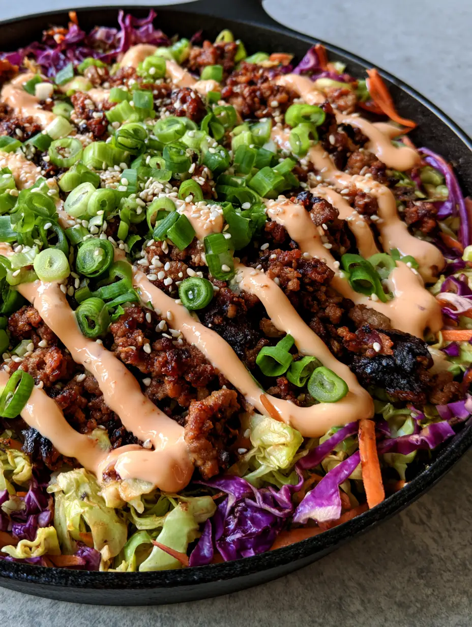 Smartphone photo of Egg Roll in a Bowl in a cast iron skillet with vibrant purple cabbage and spicy mayo.