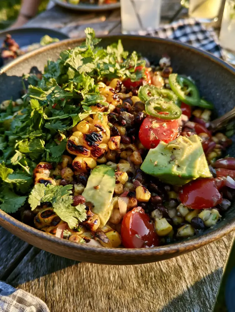 A large bowl of Charred Corn and Black Bean Salad topped with fresh avocado and sliced jalapenos.