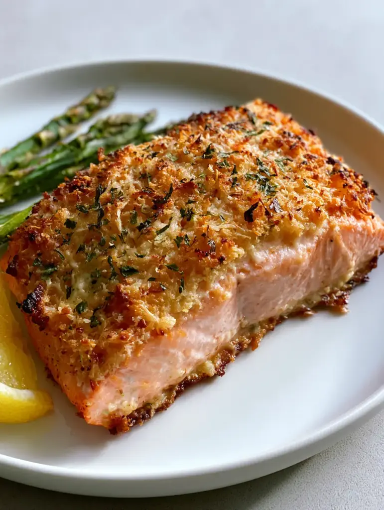Overhead view of Parmesan Crusted Salmon showing the tender opaque pink meat and charred edges.