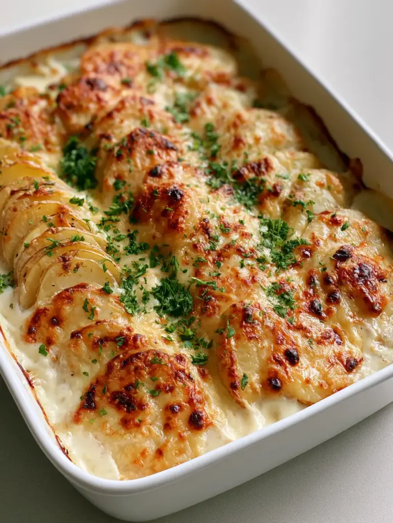 Cheesy Scalloped Potatoes: The Ultimate Creamy Comfort Food Guide 1 A white ceramic dish of Cheesy Scalloped Potatoes featuring a thick layer of melted golden-brown cheese with dark charred spots.