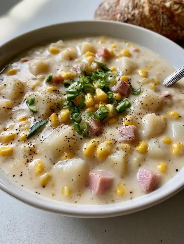 Close up of pink ham cubes and yellow corn in a creamy white chowder base garnished with scallions.