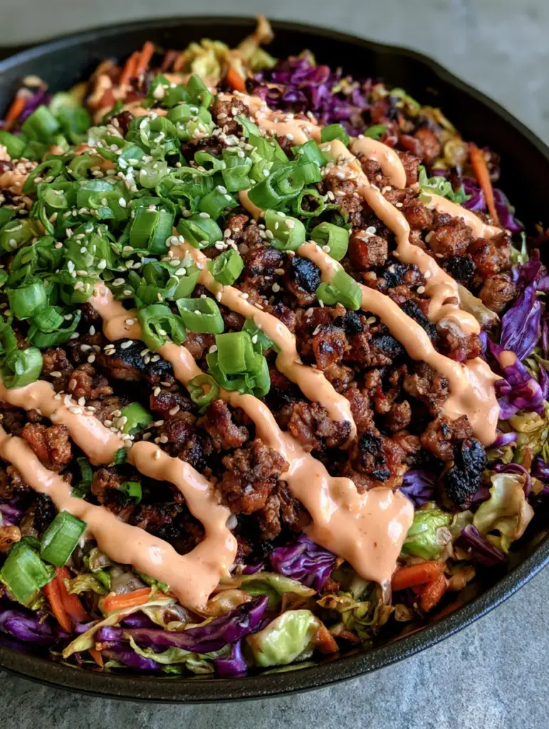 Close-up of Egg Roll in a Bowl showing matchstick carrots and toasted sesame seeds garnish.