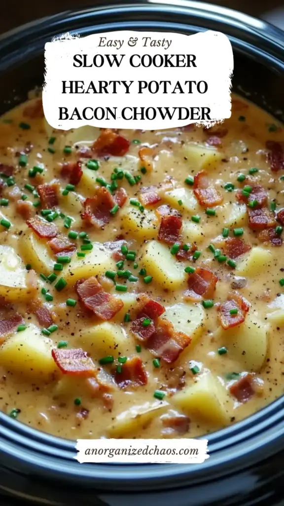 A vertical Pinterest pin showing a white bowl of Slow Cooker Potato Bacon Chowder with charred bacon and green scallions.