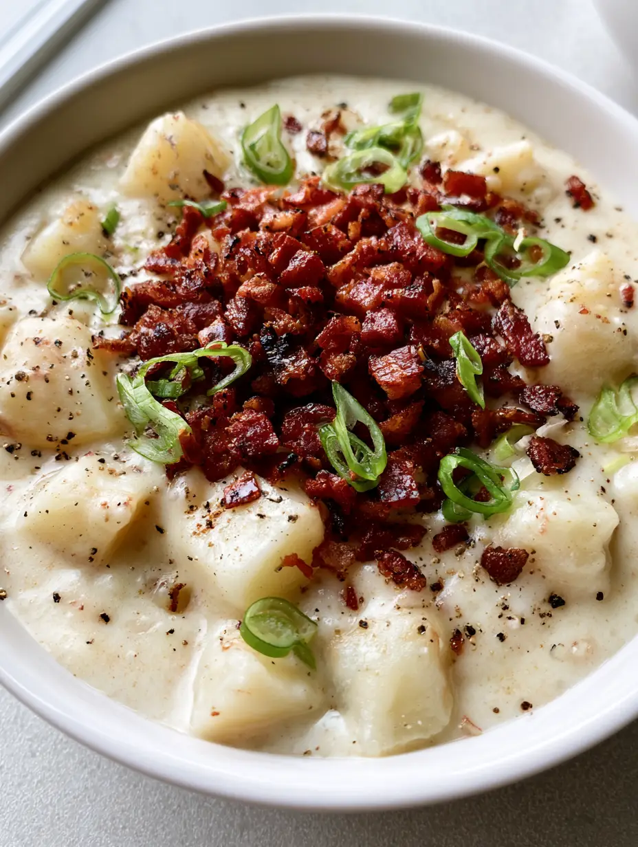 Close up view of Slow Cooker Potato Bacon Chowder showing large cubes of tender potatoes and a rich off-white base.
