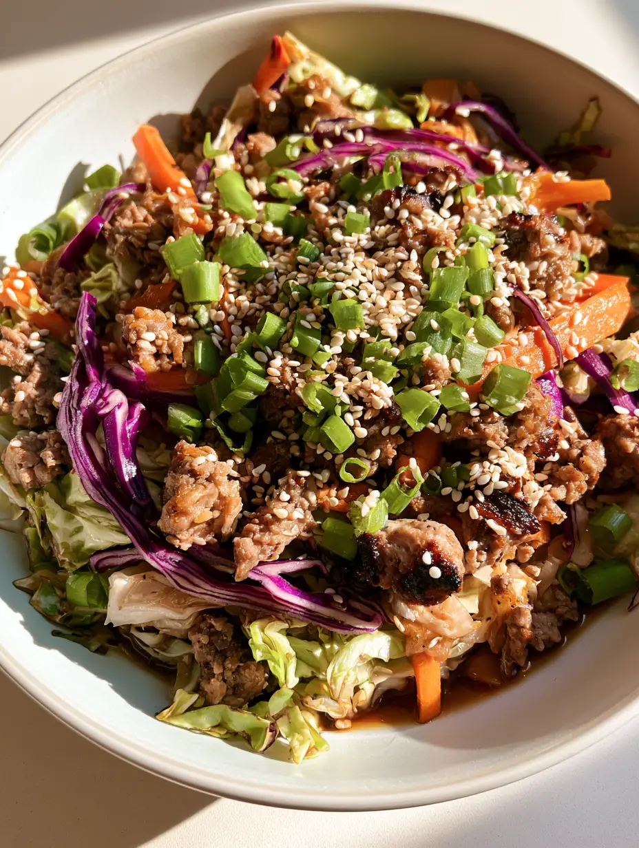 Keto Egg Roll in a Bowl: The Ultimate 15-Minute Crack Slaw Recipe 3 Top-down view of Keto Egg Roll in a Bowl with seared meat crumbles and vibrant purple cabbage.