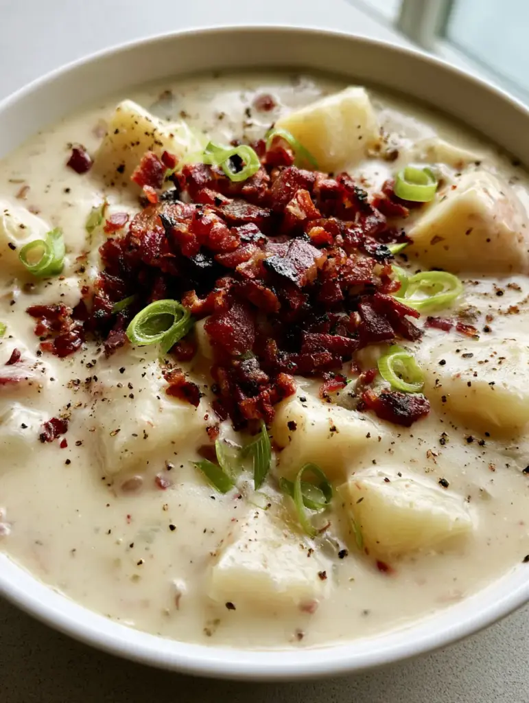 Overhead shot of potato chowder garnished with crispy charred bacon bits and fresh green scallions.