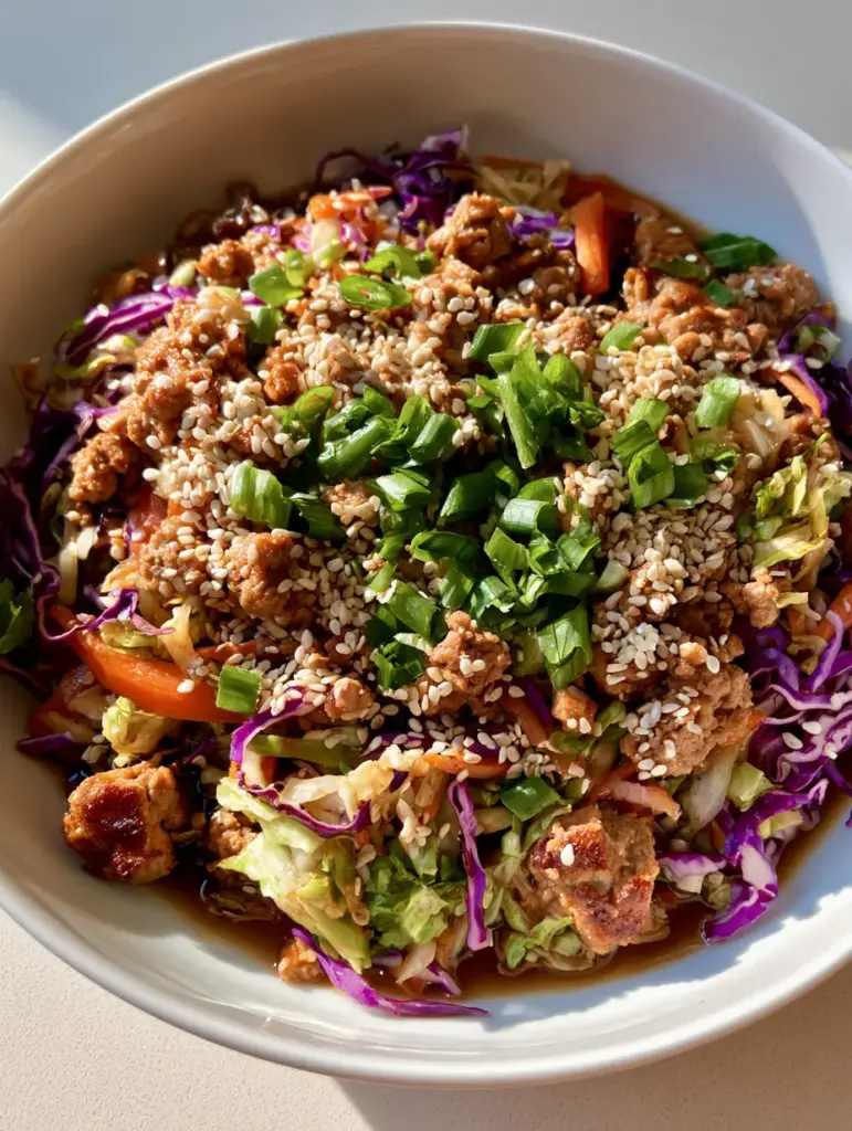 Keto Egg Roll in a Bowl: The Ultimate 15-Minute Crack Slaw Recipe 1 Close up of Keto Egg Roll in a Bowl showing toasted sesame seeds and bright green scallion garnishes.