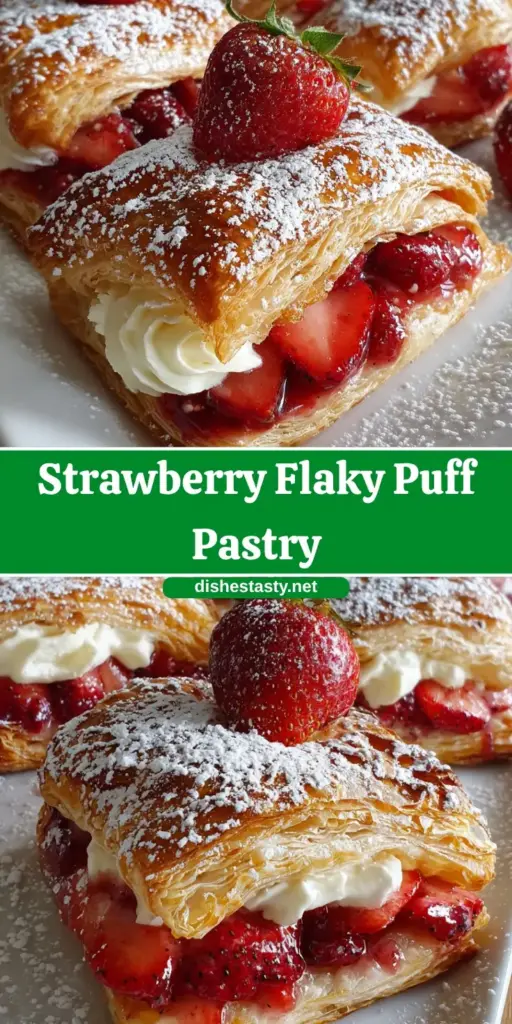 A single rectangular strawberry puff pastry tart with cream cheese and rows of strawberries. (Strawberry Puff Pastry Recipe)