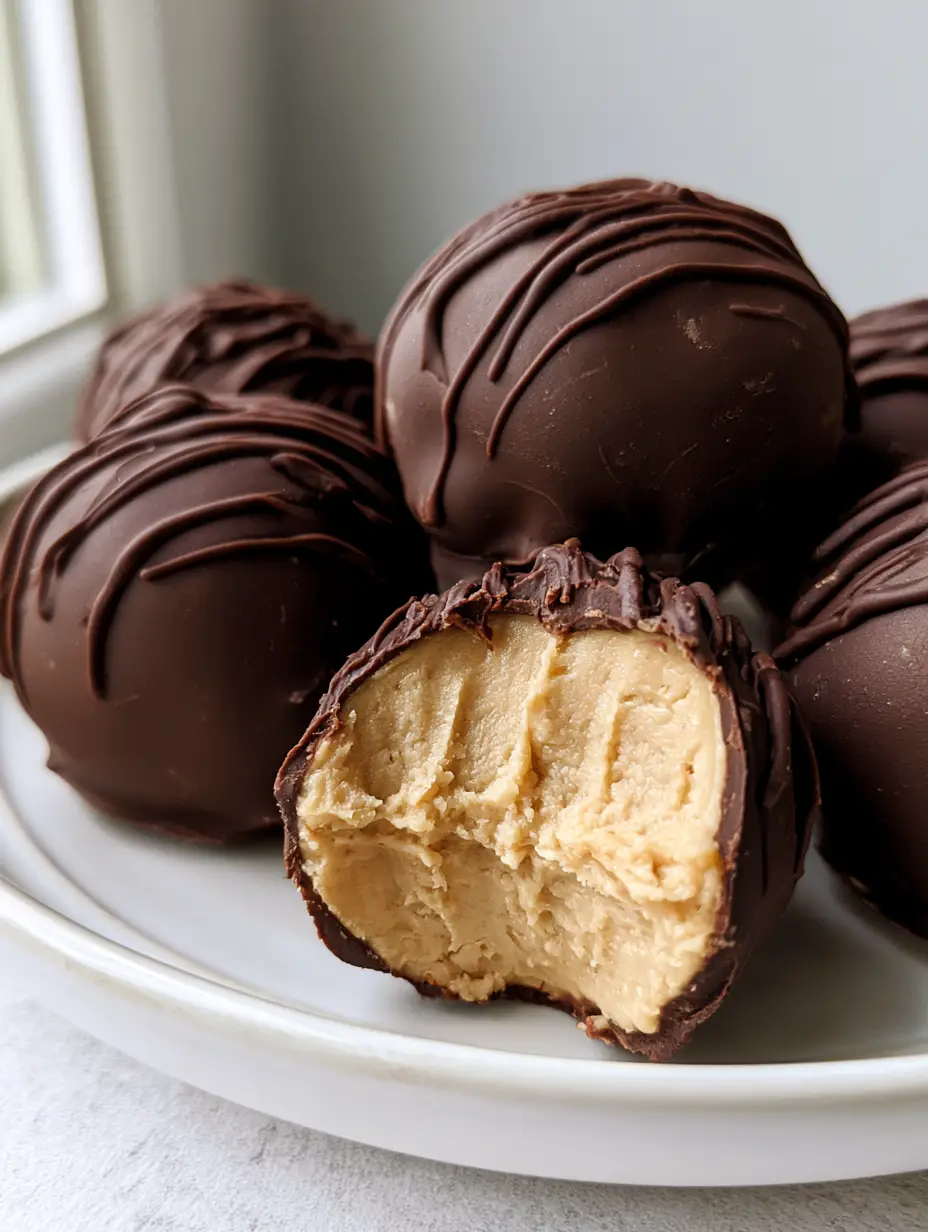 Peanut Butter Balls with Cream Cheese (Easy No-Bake Recipe) 3 Close-up of rustic chocolate-coated Peanut Butter Balls with Cream Cheese on a white ceramic plate in natural daylight.