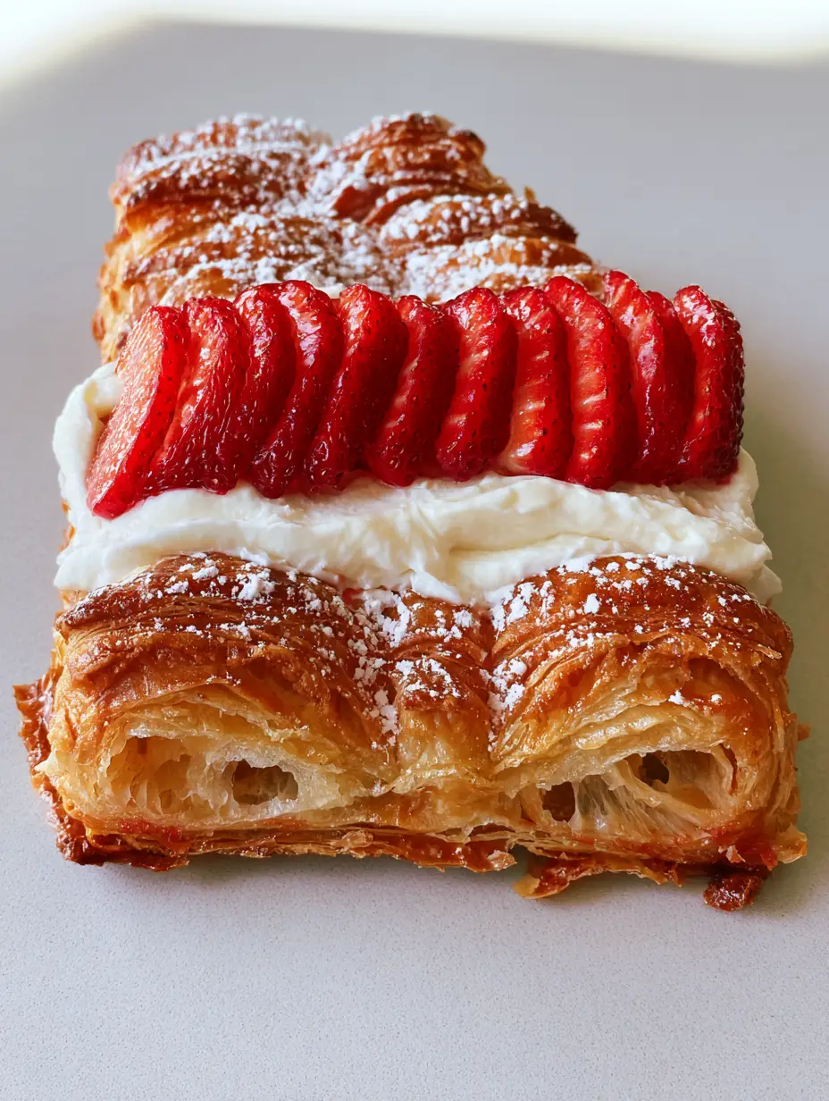 Close up of a golden brown Strawberry Puff Pastry Recipe with airy textures and crispy edges. (Strawberry Puff Pastry Recipe)