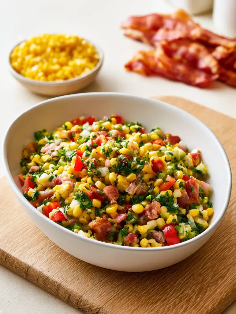 A shallow rustic bowl filled with Bacon and Corn Salad, garnished with chives and smoked paprika.