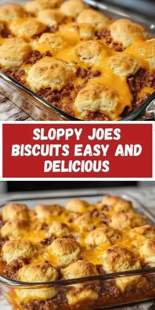 A top-down view of Sloppy Joe Biscuit Casserole in a white dish with golden-brown flaky biscuits, bubbly melted cheddar cheese, and a glossy red meat sauce.