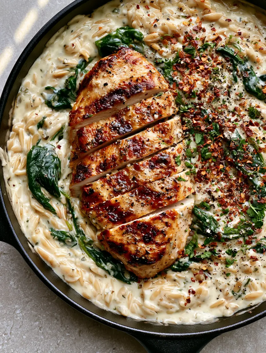 Close-up of ivory-colored Boursin sauce coating orzo pasta with spinach and red chili flakes. (Boursin Chicken Orzo)