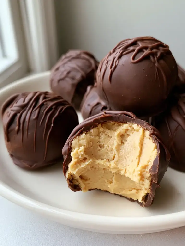 Peanut Butter Balls with Cream Cheese (Easy No-Bake Recipe) 1 A plate of Peanut Butter Balls with Cream Cheese showing the delicate zigzag chocolate drizzle and matte finish.