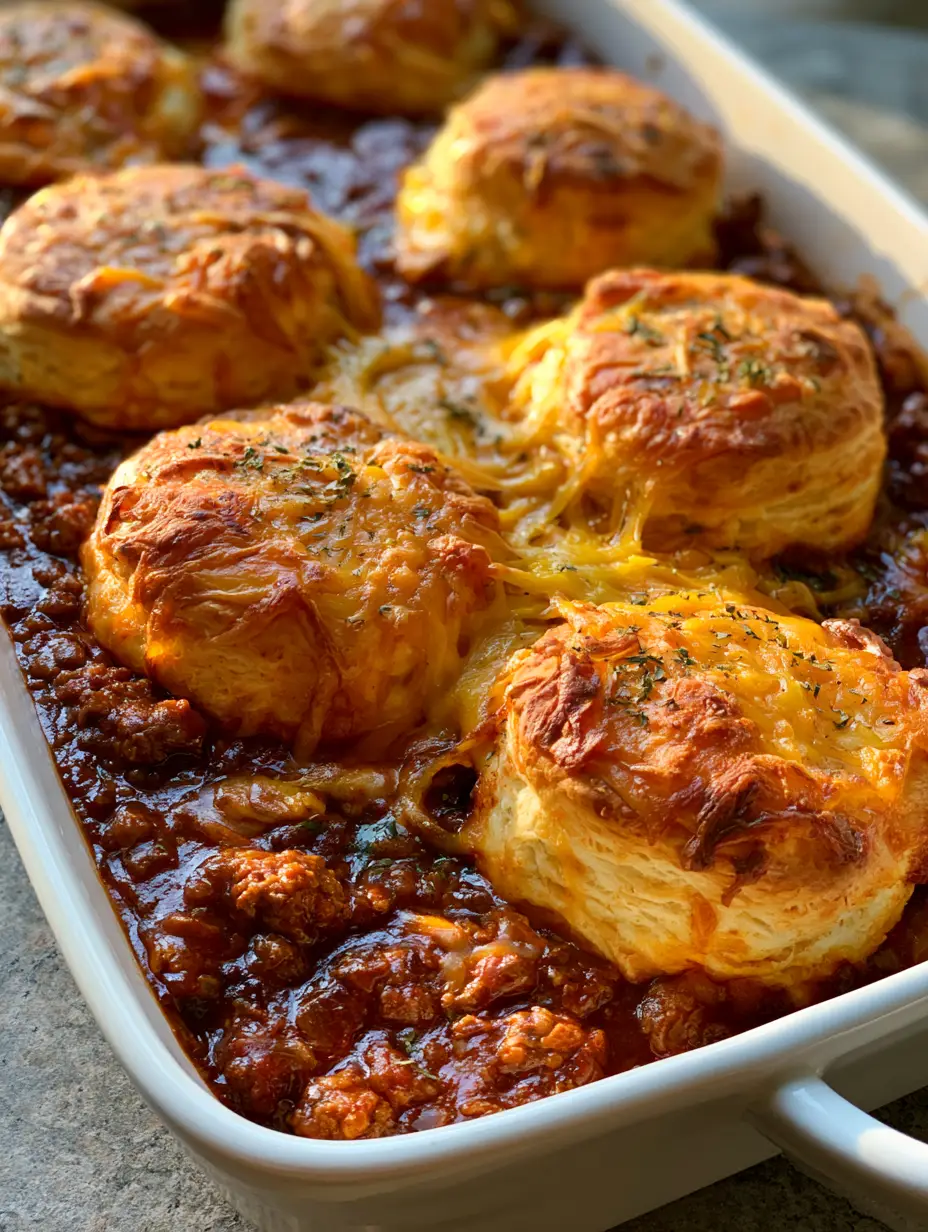 Close-up of Sloppy Joe Biscuit Casserole showing the thick glossy meat sauce and bubbly oozing orange cheese between golden biscuits.