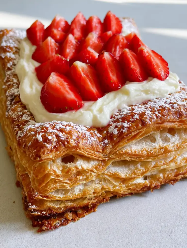 Top down view of neat rows of strawberries on a Strawberry Puff Pastry Recipe with a dusting of powdered sugar.