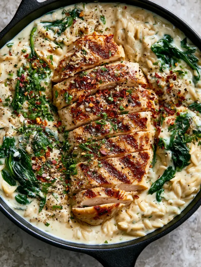 Top-down view of charred chicken breast slices resting on creamy Boursin orzo in a black skillet.
