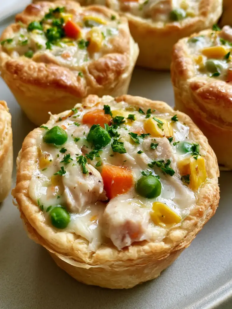 Chicken Pot Pie Bites: The Ultimate Flaky Muffin Tin Appetizer 2 Close-up of mini Chicken Pot Pie Bites showing the moist glistening filling and vibrant carrots and peas.