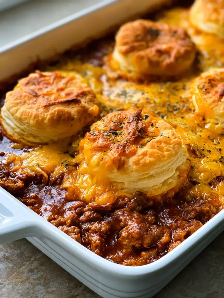 Sloppy Joe Biscuit Casserole in a white baking dish on a grey stone countertop, featuring flaky buttermilk biscuits and herb flakes.
