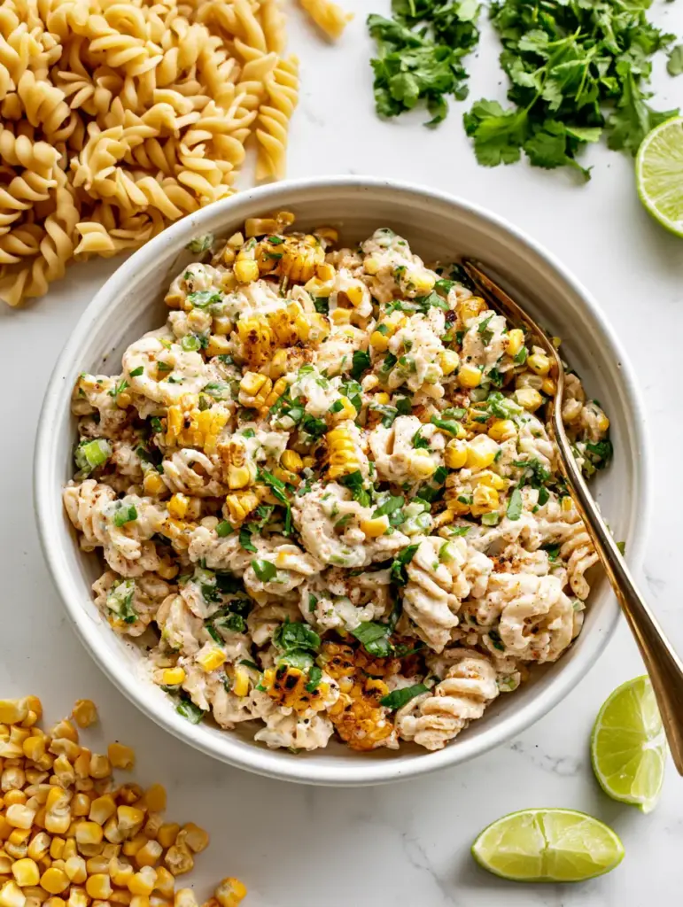 Close up of the thick lime-cilantro crema sauce coating the al dente rotini in an elote pasta salad bowl.