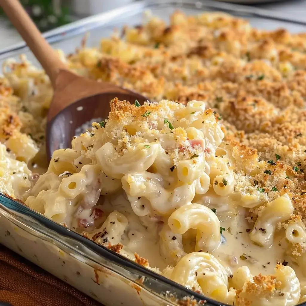 Chicken Cordon Bleu Casserole: The Ultimate Creamy Pasta Bake 4 A high-angle close-up of a cheesy Chicken Cordon Bleu Casserole with rotini, ham, and a golden Panko topping in a white dish.