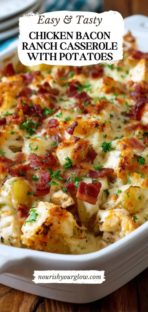 A top-down view of a bubbling Chicken Bacon Ranch Casserole in a white dish, garnished with scallions and ranch drizzle.