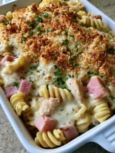 Close-up of melted Swiss cheese and toasted Panko on top of a Chicken Cordon Bleu Casserole.