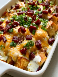 Close-up of melted cheddar and mozzarella cheese over chicken and potatoes in a Chicken Bacon Ranch Casserole.