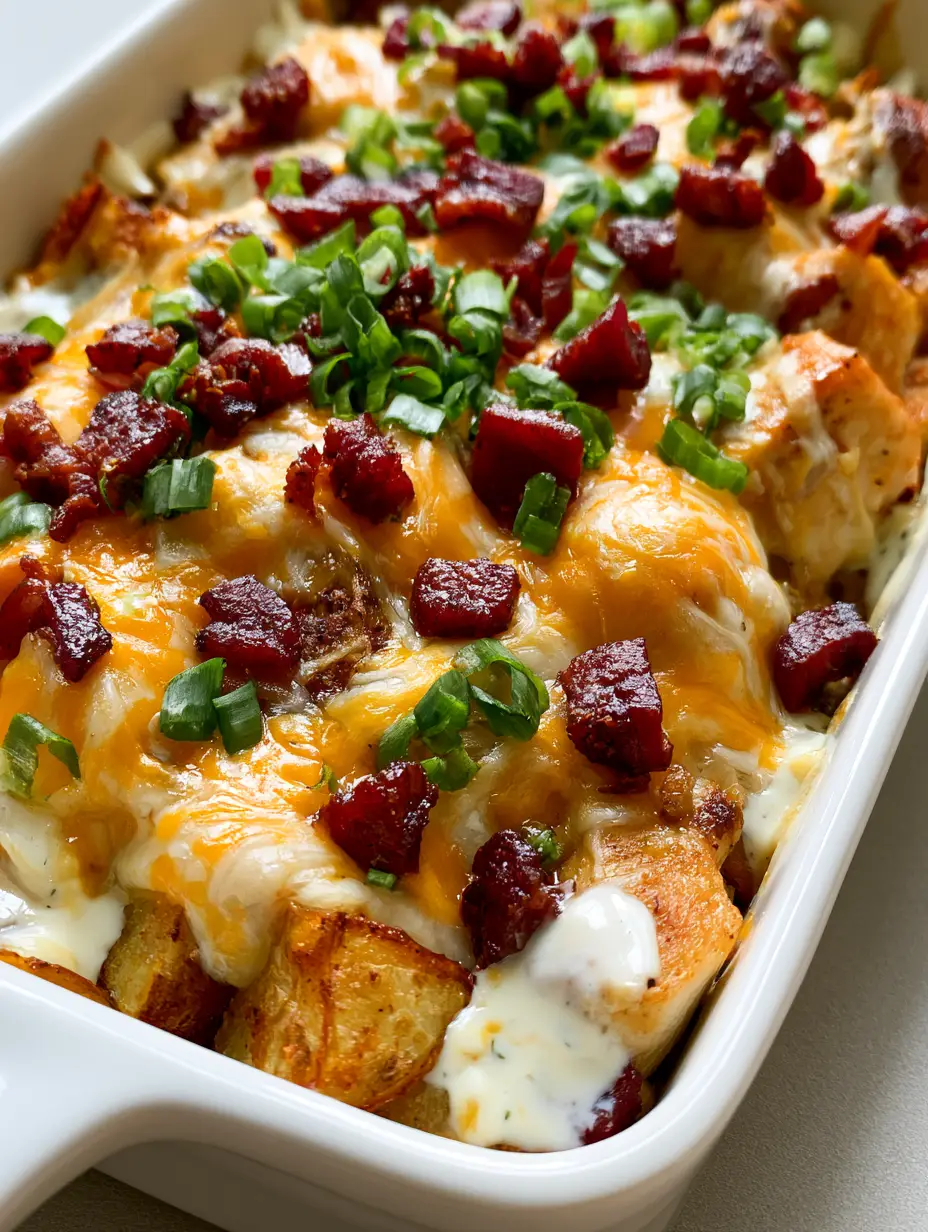 Close-up of melted cheddar and mozzarella cheese over chicken and potatoes in a Chicken Bacon Ranch Casserole.