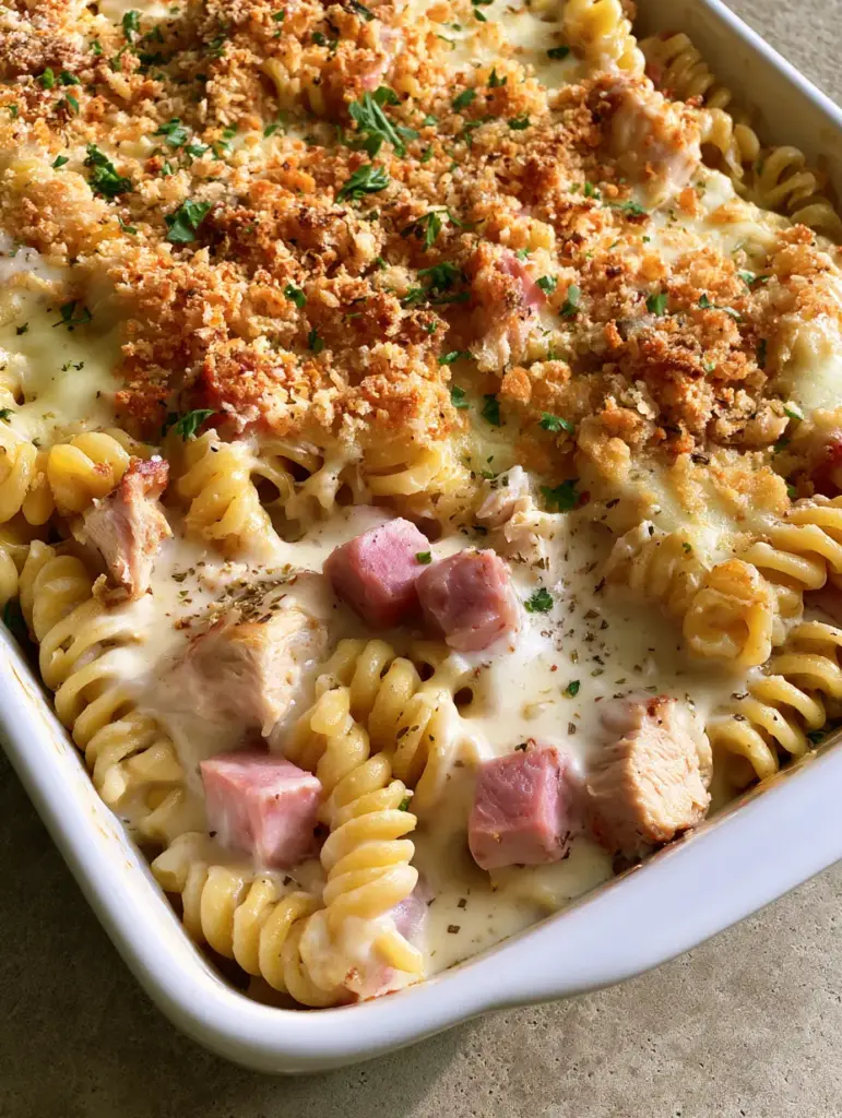 Chicken Cordon Bleu Casserole: The Ultimate Creamy Pasta Bake 1 Overhead view of Chicken Cordon Bleu Casserole showing rotini pasta and cubes of pink ham in a white ceramic dish.