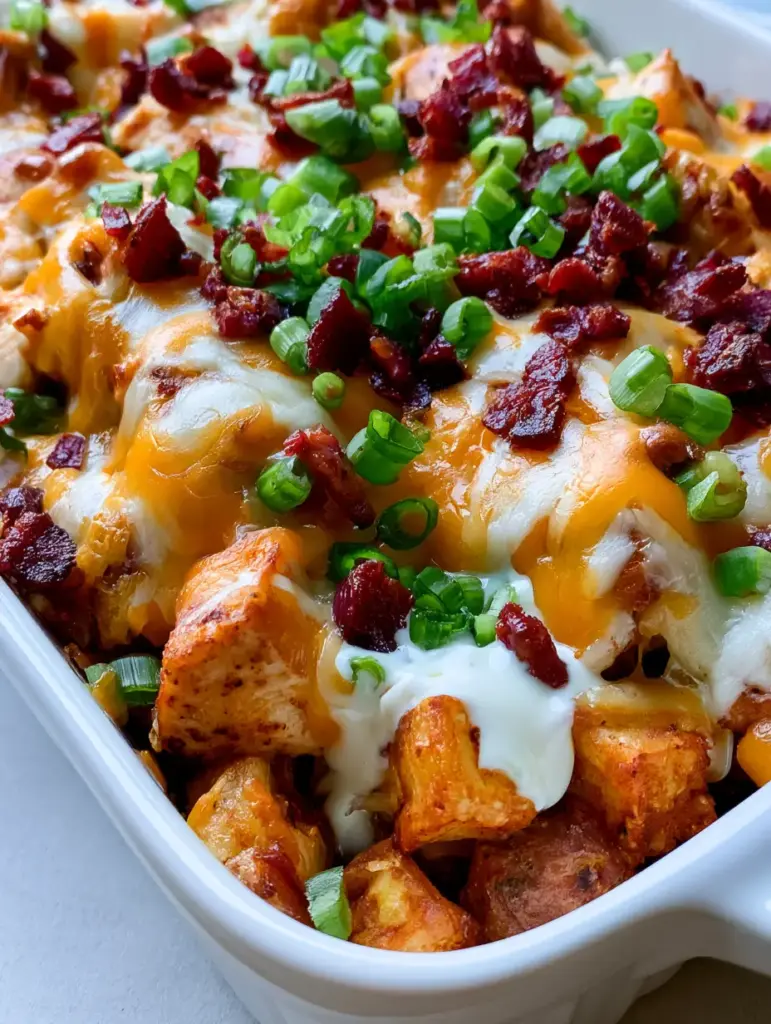 Handheld smartphone photo of a Chicken Bacon Ranch Casserole featuring crispy bacon bits and sliced green scallions.