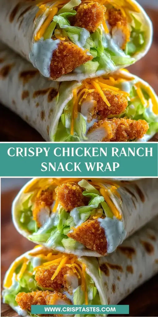 A handheld soft white flour tortilla wrap filled with two crispy breaded chicken tenders, shredded orange cheddar, iceberg lettuce, and a zig-zag of ranch. (Crispy Chicken Ranch Snack Wrap)