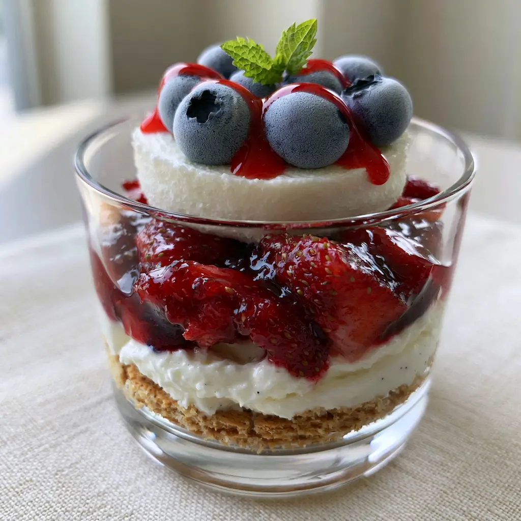 A handheld smartphone photo style shot of No-Bake Fourth of July Desserts on a neutral linen surface.